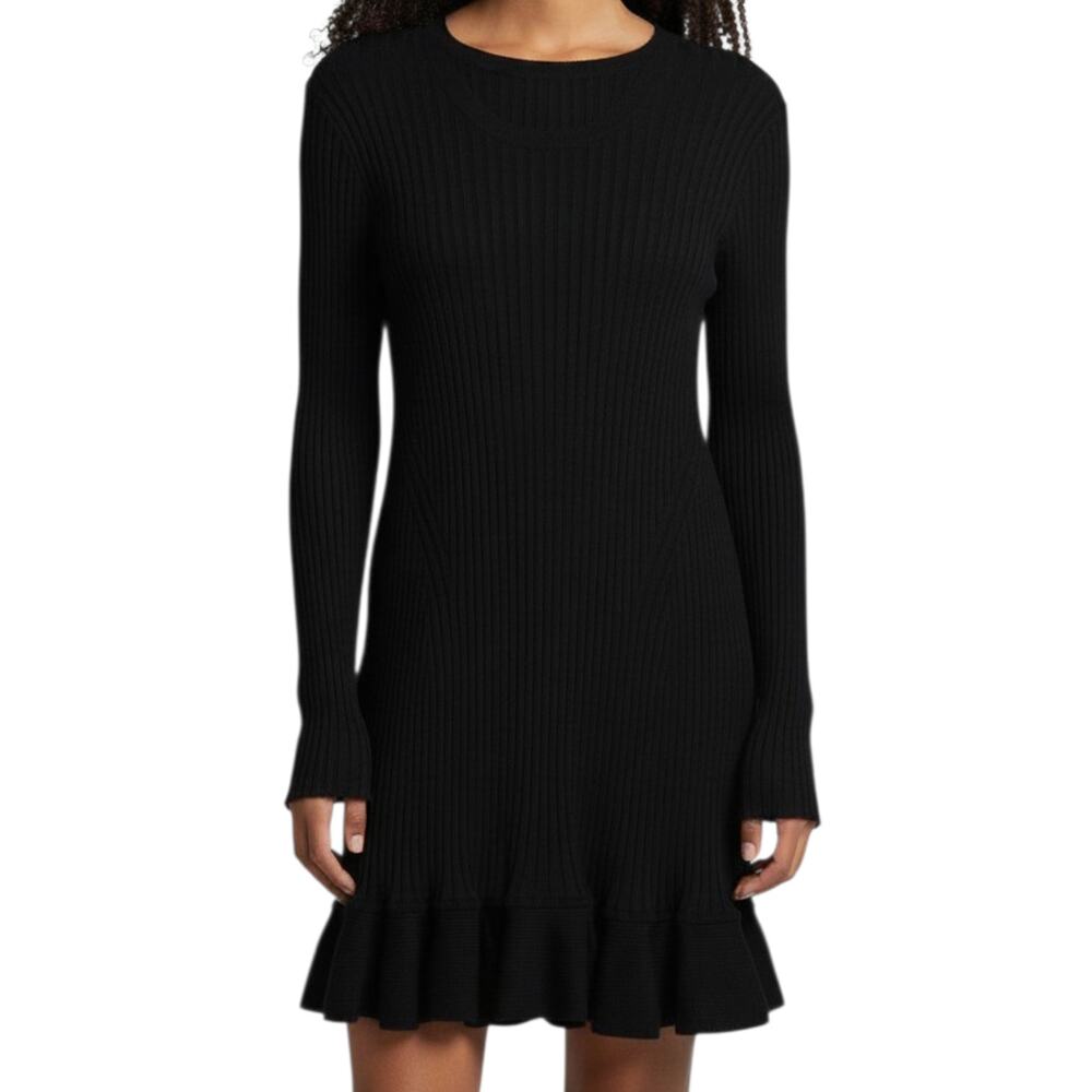 Women's Me+Em Black Ribbed Fitted Mini Dress Long Sleeves Frill Hem Crew Neck 8